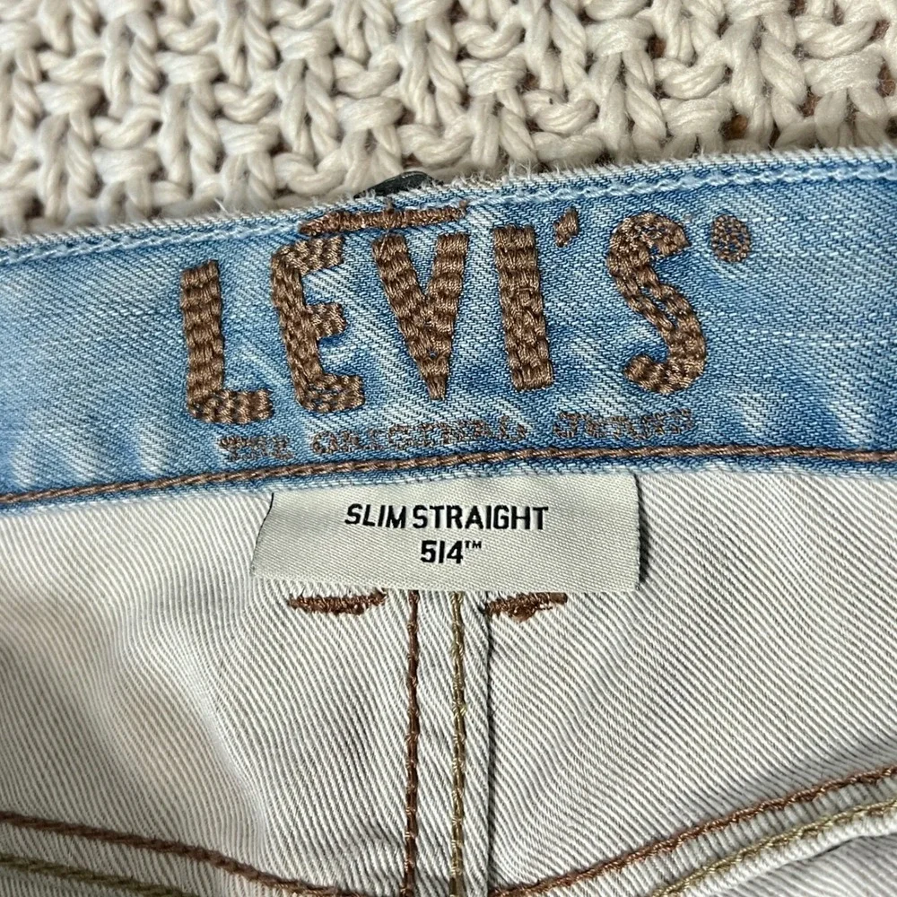 Levi's 514 Slim Straight‎ Jeans Mens 34x30 Light Blue Leather Patch